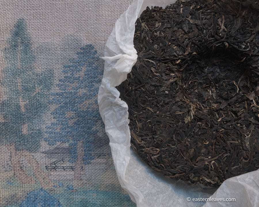 leaves detail of Pu'er shengpu Chinese tea pressed cake brick vintage and aged, 2008 spring harvest, tea forest, from Yiwu in Yunnan