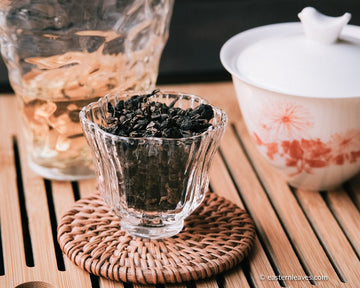 Tieguanyin wulong tea high roasted in glass cup teaware, from China, Fujian, premium tea